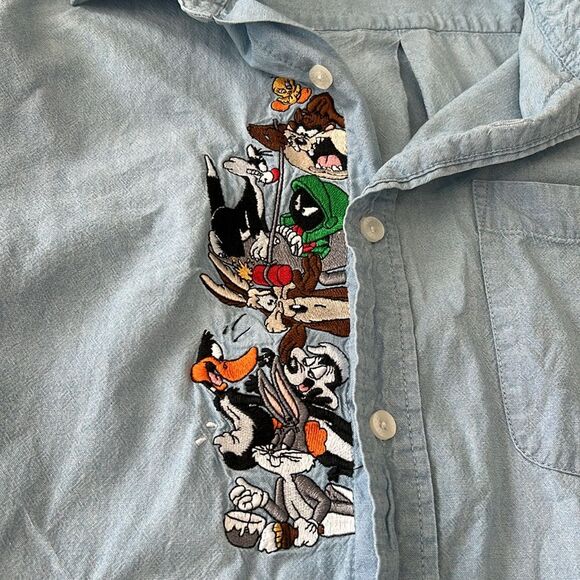 Vintage 90s Warner Brothers Longsleeve Looney Tunes Denim Buttonup Top Medium - Picture 8 of 11